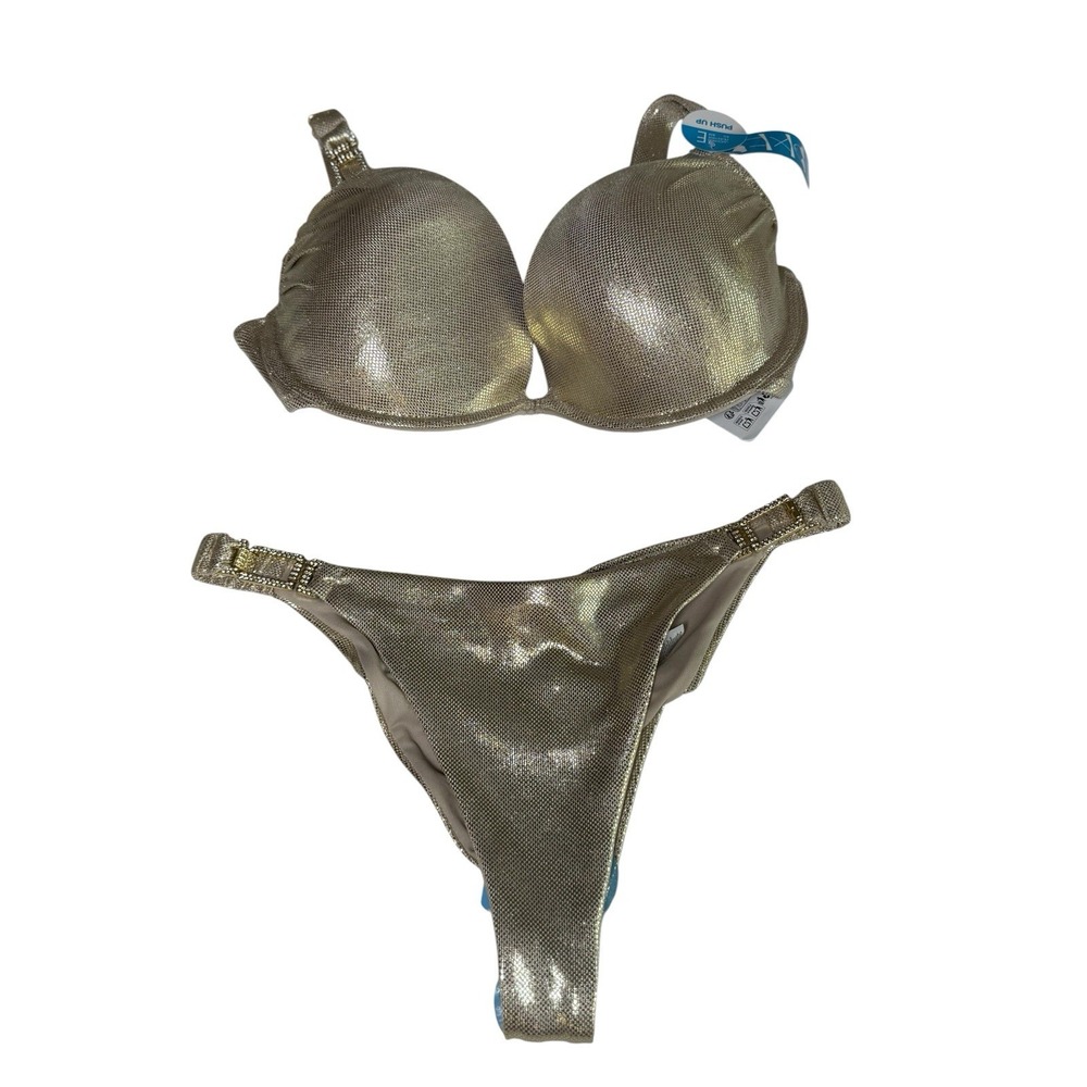 Censored Bikini Set Womens L Gold NEW Metallic Push Up Rhinestone Hardware‎